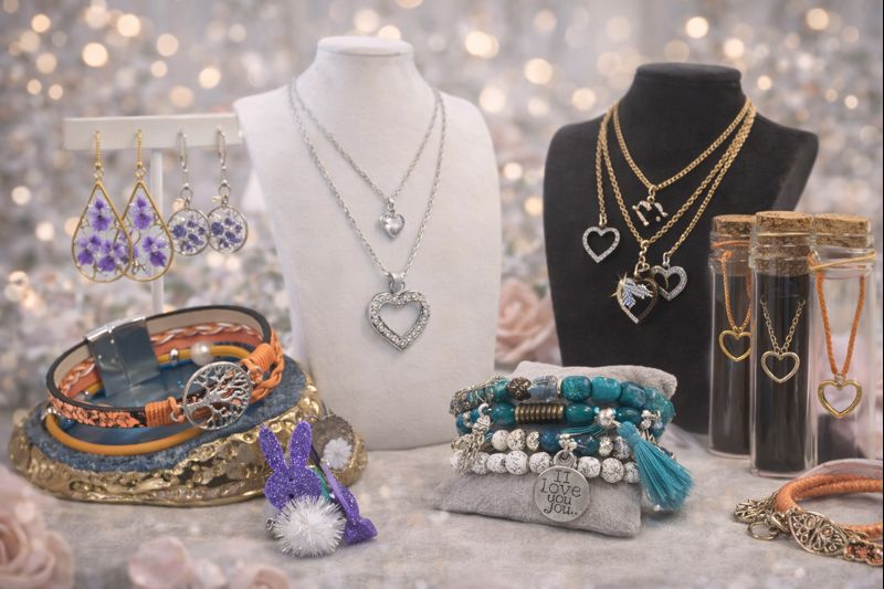 Bijoux de fantaisie présentés avec des roses : colliers, boucles d’oreilles-bracelets-romantique-élégante-idée cadea tournai